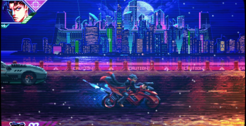 Riding a motorcycle in Neon Inferno