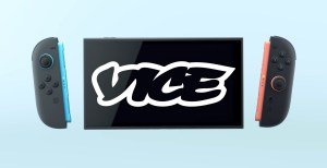 The Nintendo Switch 2 with a white VICE logo on the front screen